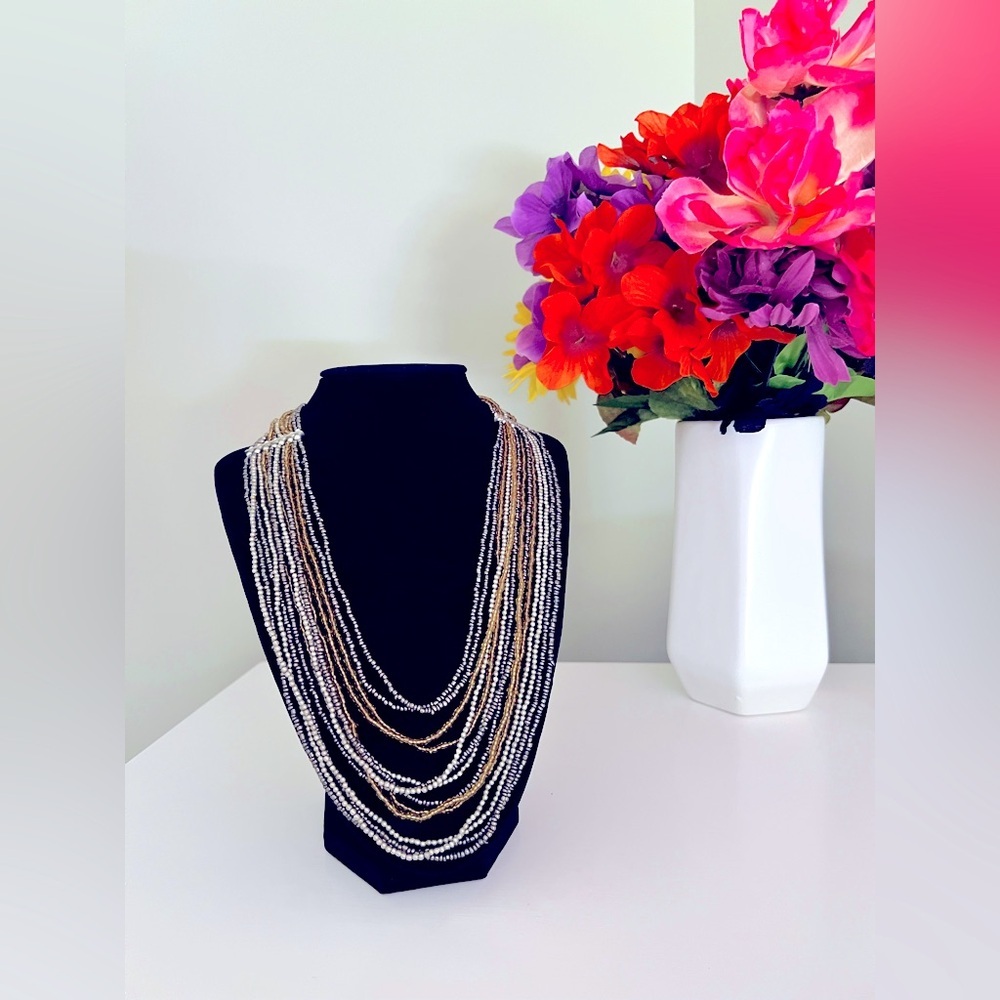 Elegant Multi-strand Gold and Silver Delicate Beaded Necklace